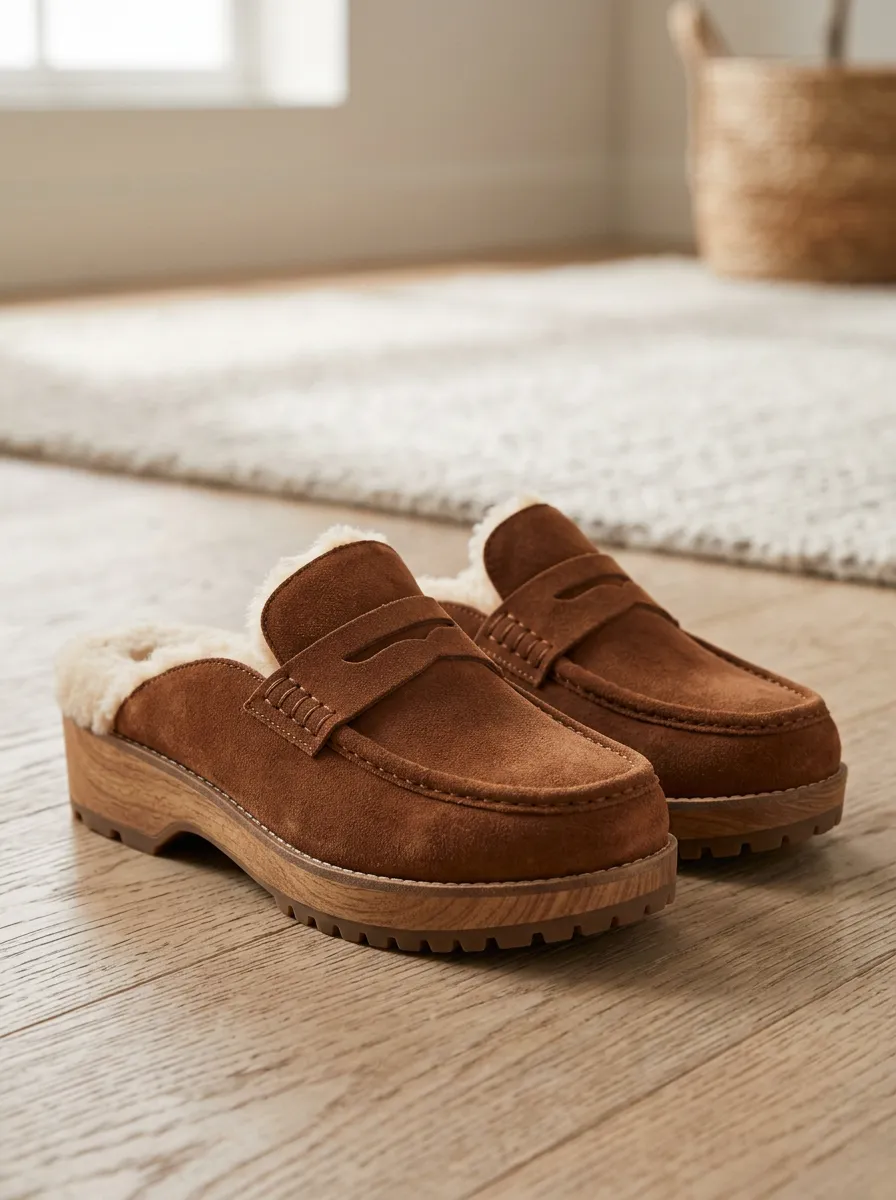 Women's Contemporary Faux Fur Lined Platform Suede Wood Sole Loafers