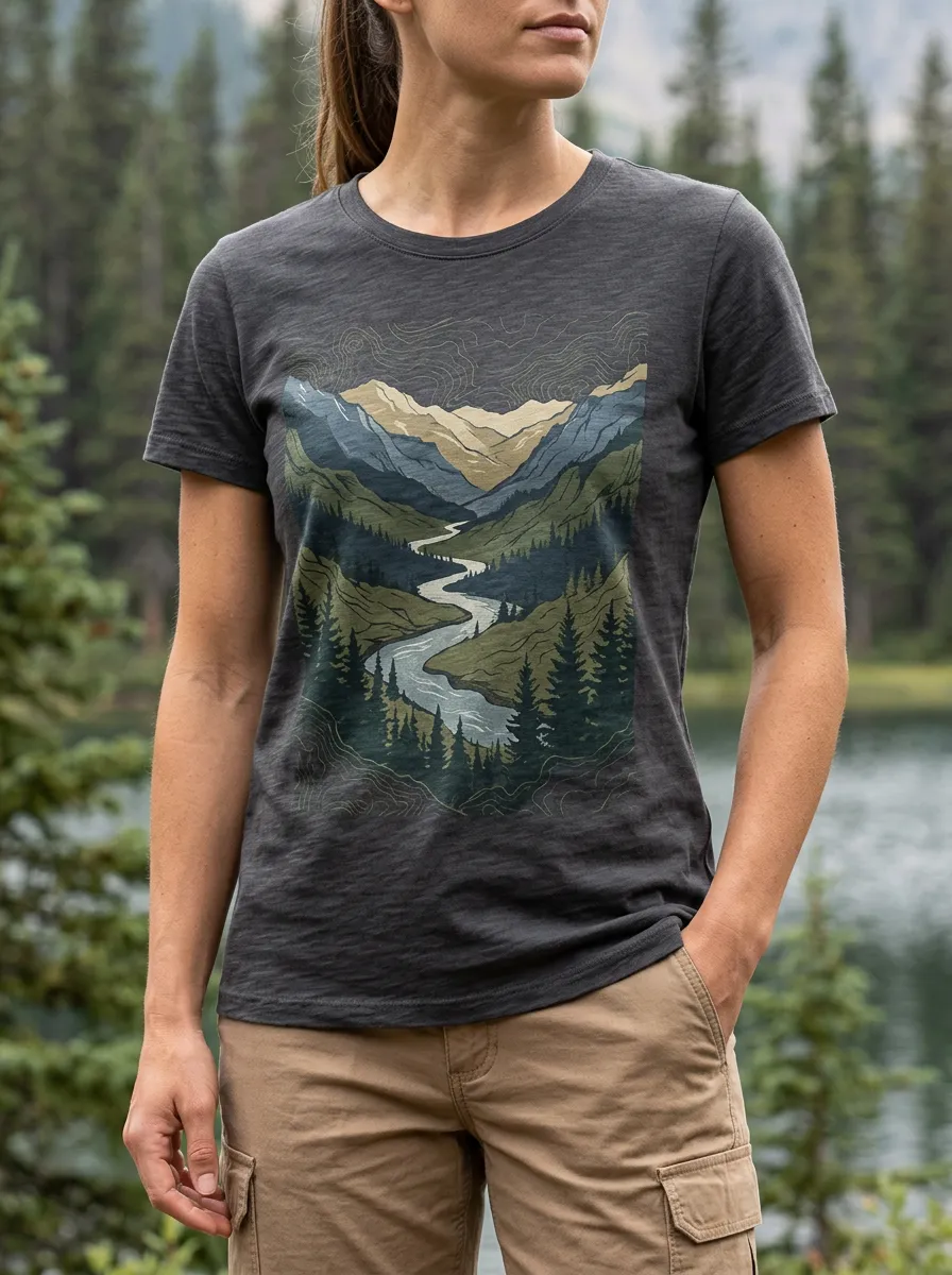 Women's Landscape Nature Hiking Lover Mountain River Crew Neck T-Shirt
