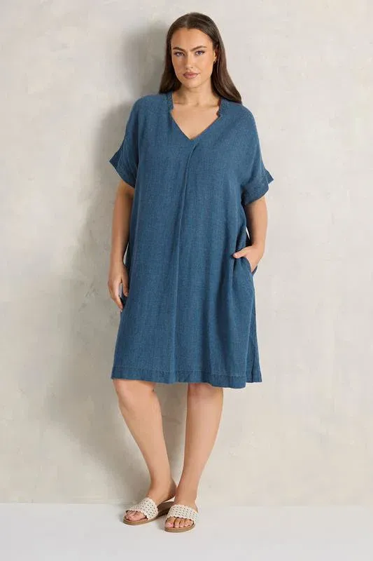 Blue Premium Linen Shift Denim Dress