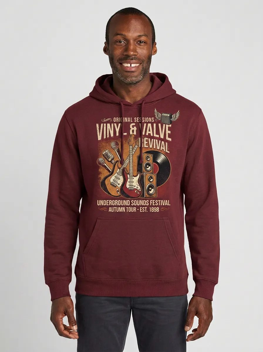 Men's Rock Music Lover Vinyl Valve Guitar Printed Hoodie