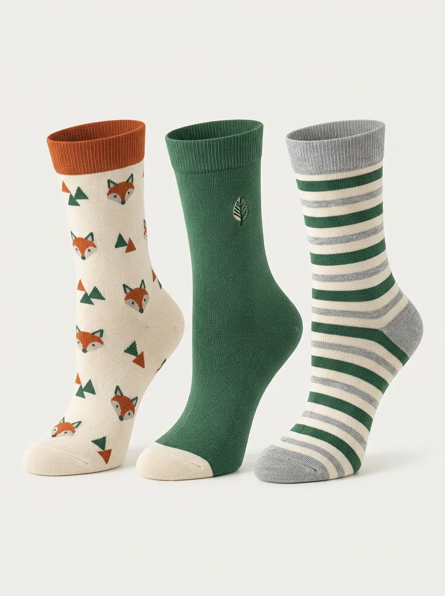 Striped Fox Forest Women's Three-Pair Crew Socks