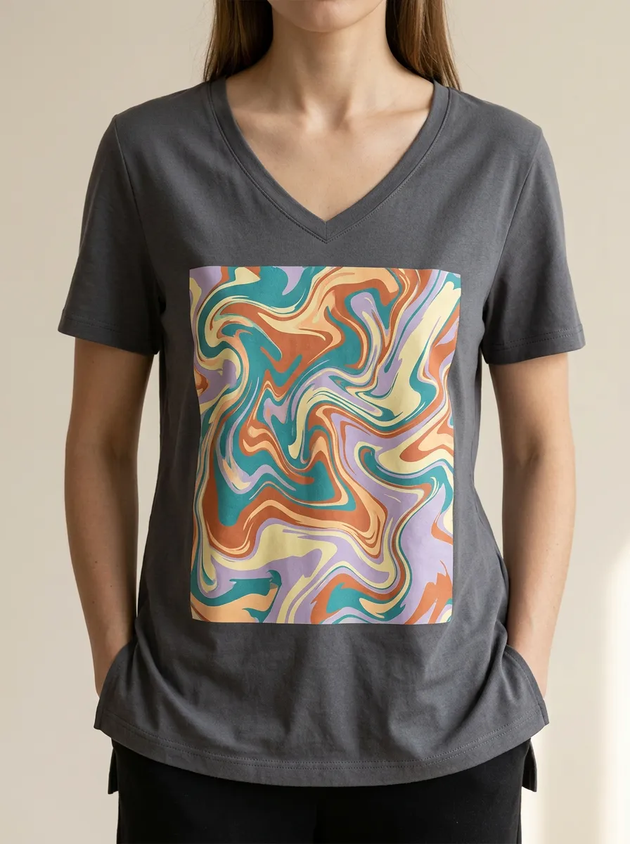 Women's Retro Aesthetic Abstract Swirl Printed V-Neck T-Shirt Graphic Pattern