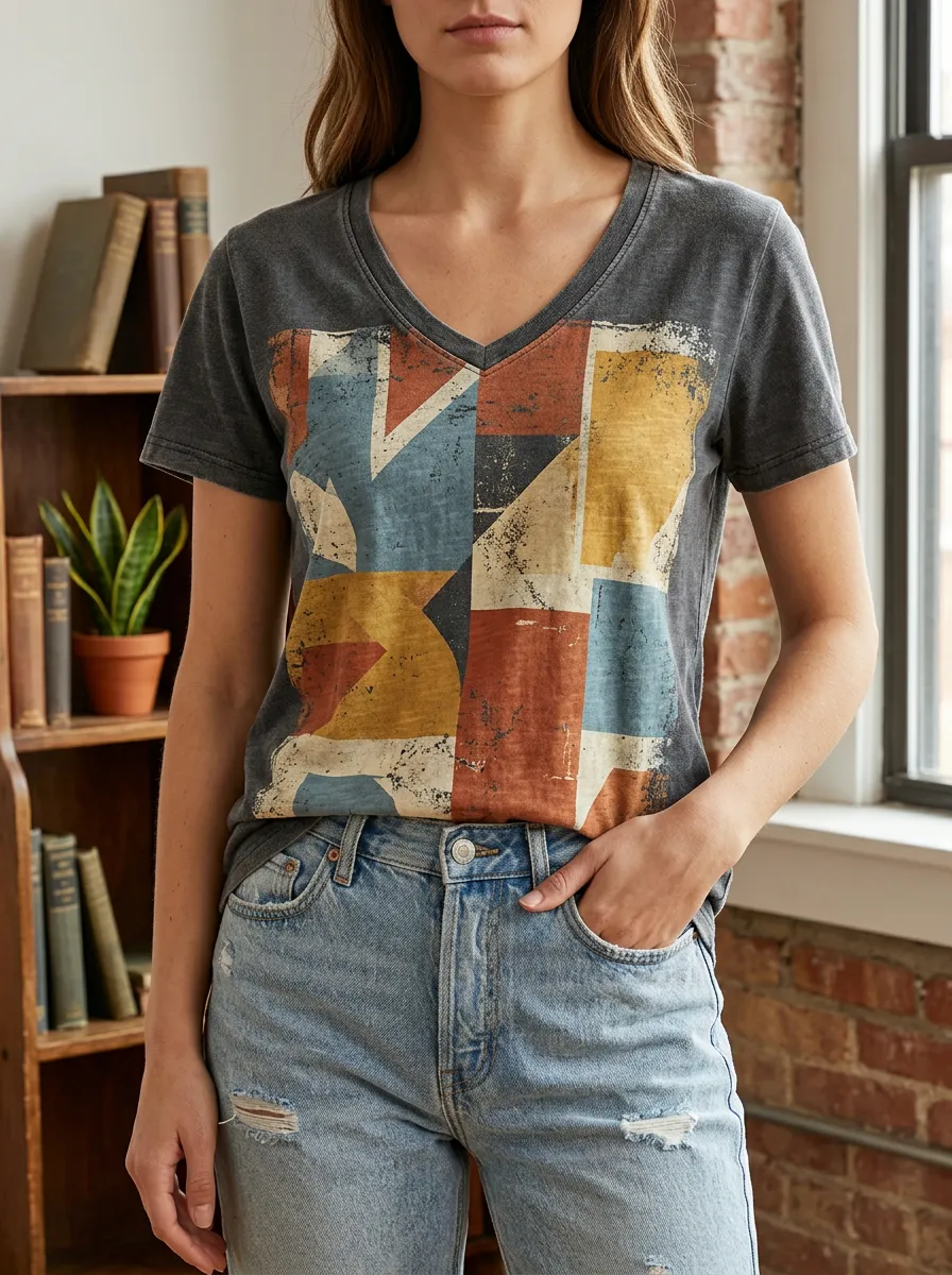 Women's British Flag Lover Distressed Union Jack Printed V-Neck T-Shirt