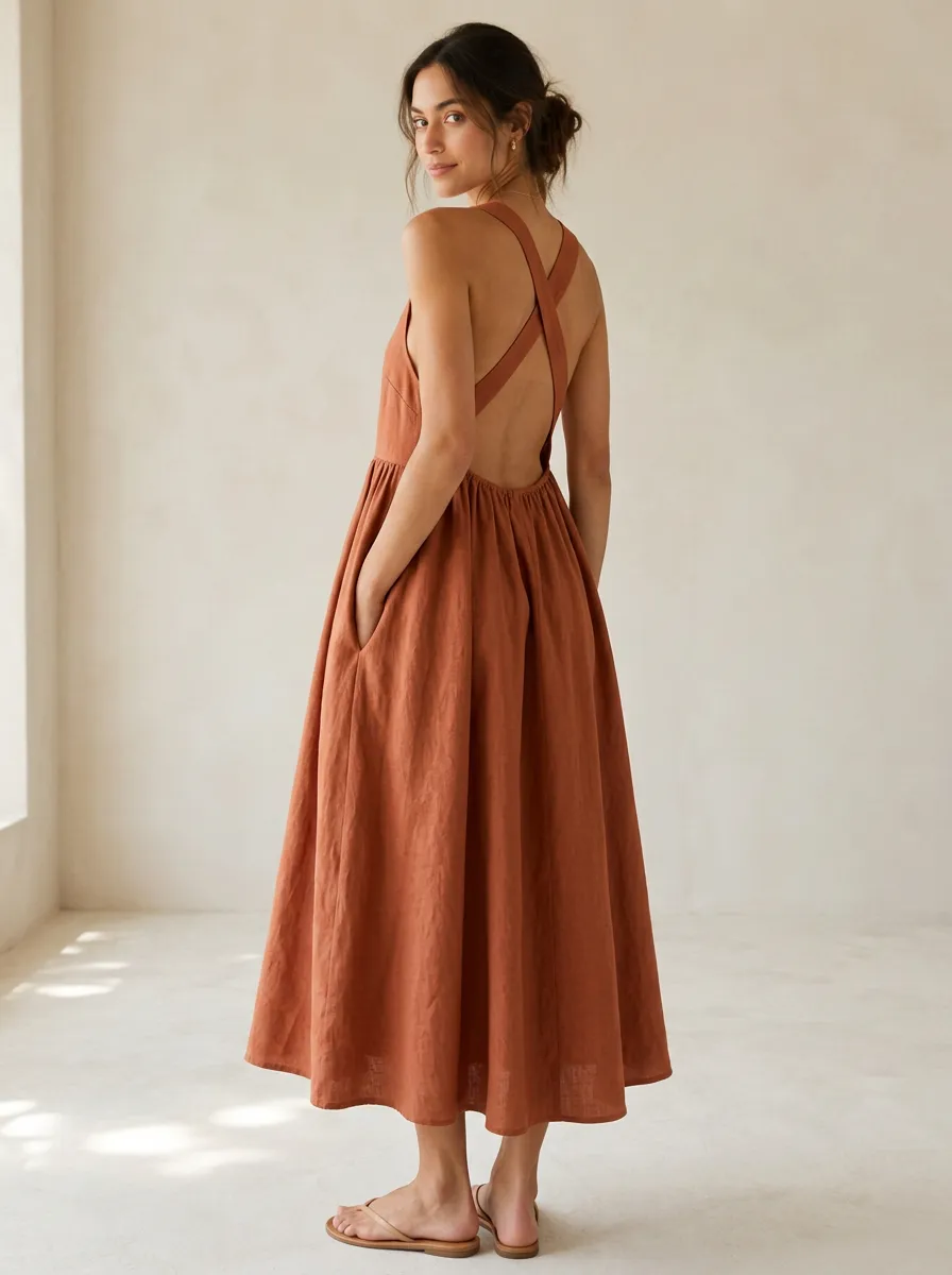 Women's Refined Casual Cross-Back Linen Backless Dress