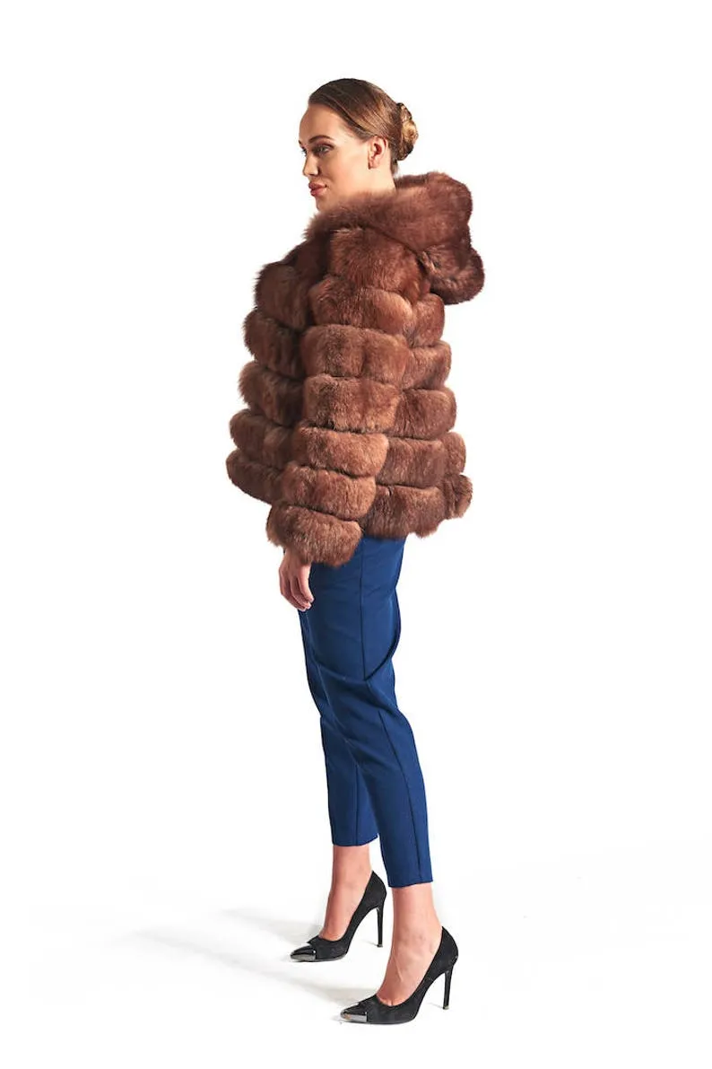 Brown Fox Fur Coat Women's Hooded