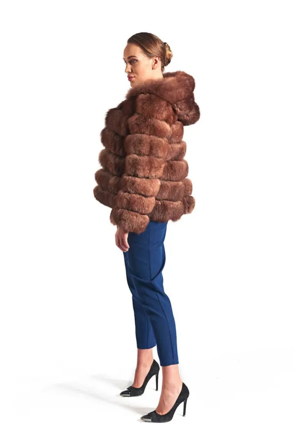 Brown Fox Fur Coat Women's Hooded