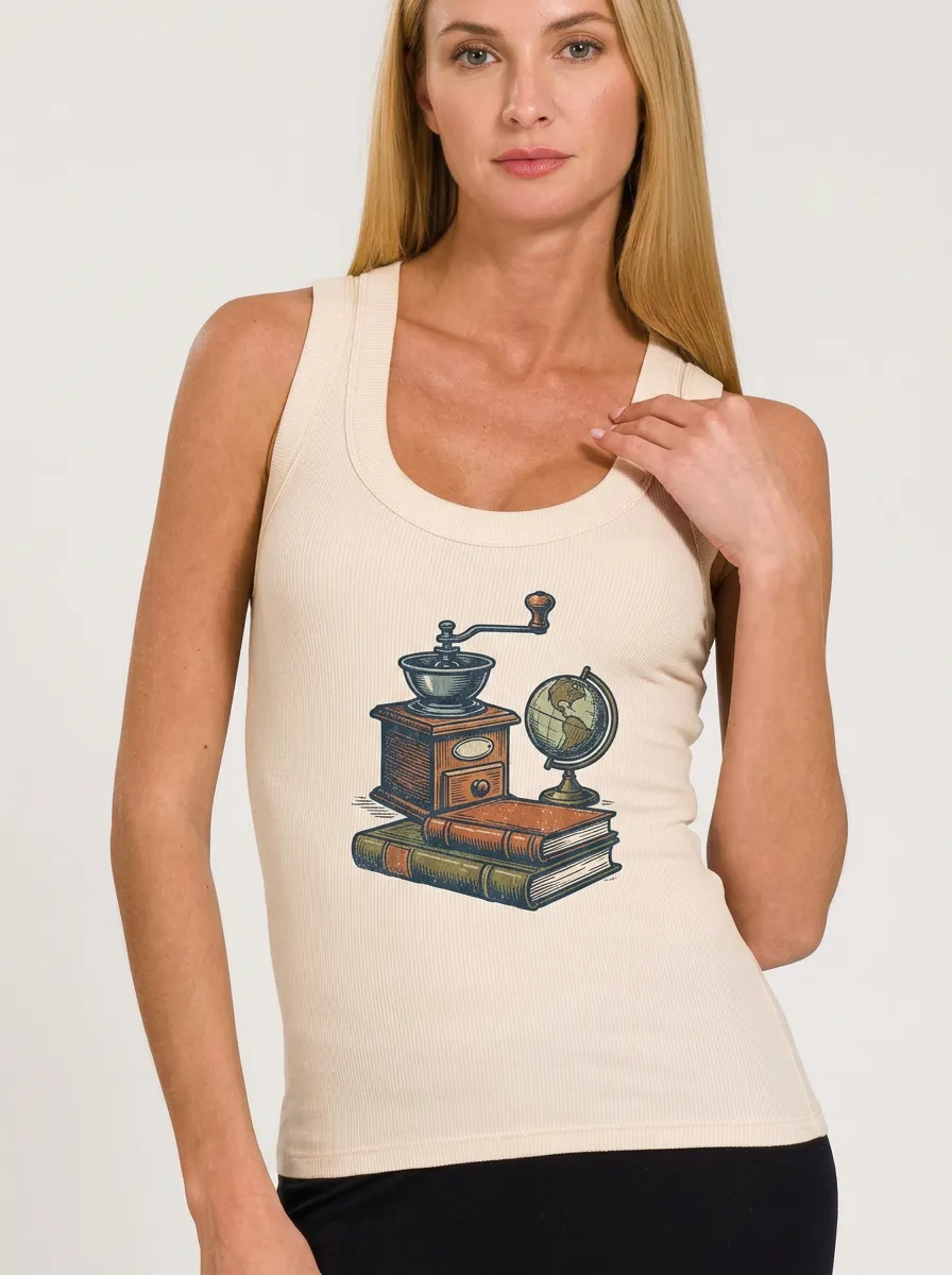 Women's Coffee Lover Bookworm Globe Printed Tank Top