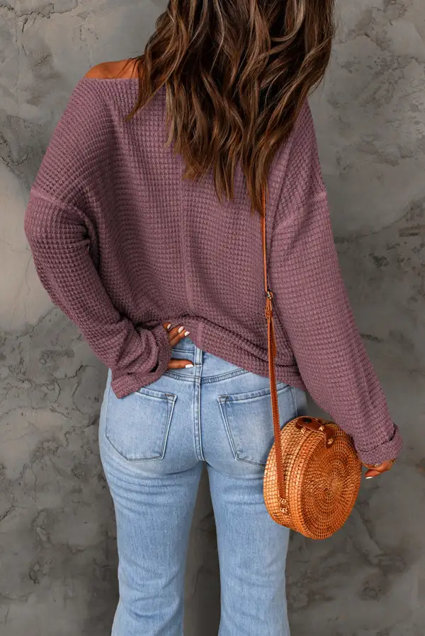 Waffle Knit Long Sleeve Loose Fit Women's Top