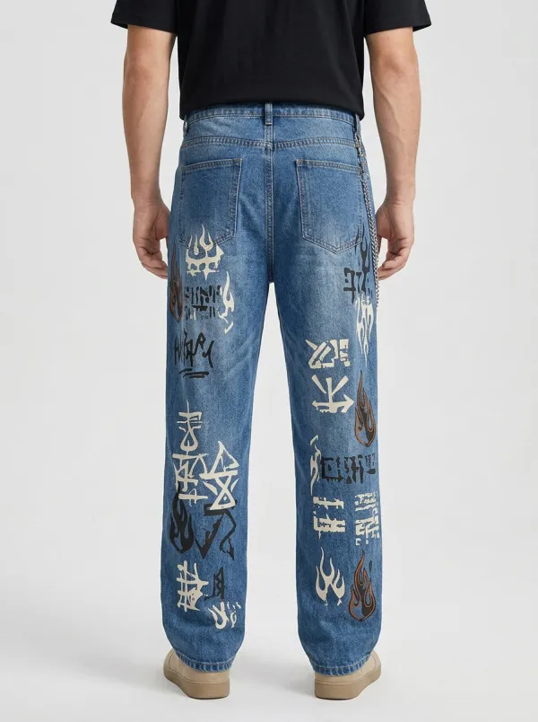 Unisex Contemporary Streetwear Graffiti Flame Jeans