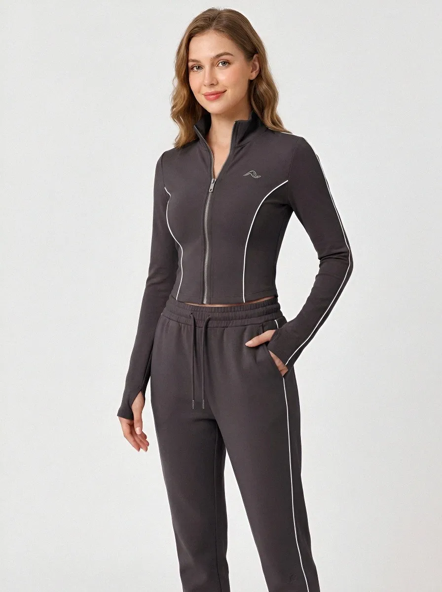 Women's Dusty Rose Cropped White Piping Zip-Up Jacket & Jogger Set