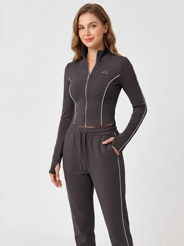 Women's Dusty Rose Cropped White Piping Zip-Up Jacket & Jogger Set