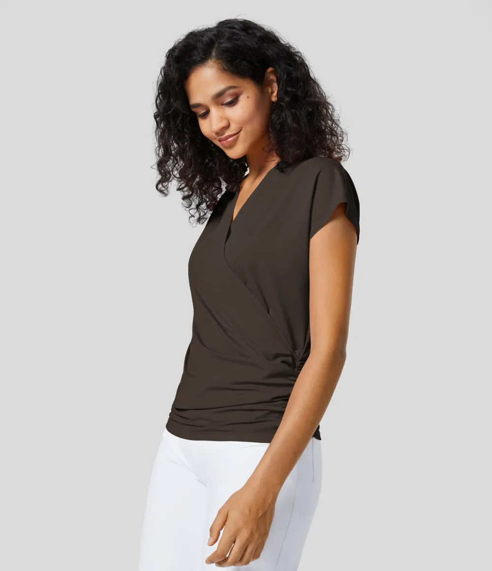 V Neck Cap Sleeve Crossover Ruched Solid Work Blouse