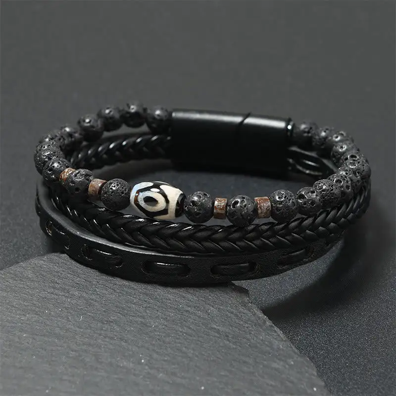 Lava Rock Multilayered Braided Leather Bracelet