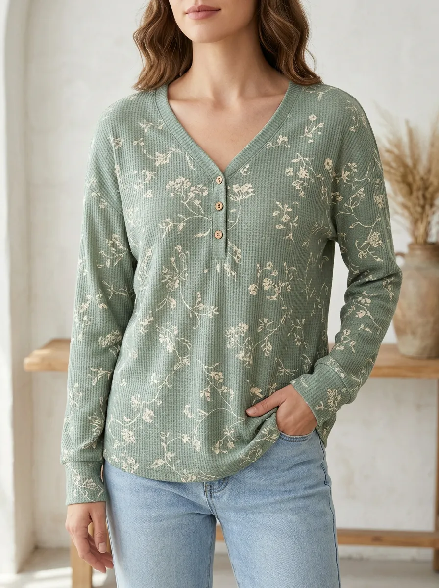 Women's Classic Floral Pattern Waffle Knit Printed Button V-Neck T-Shirt