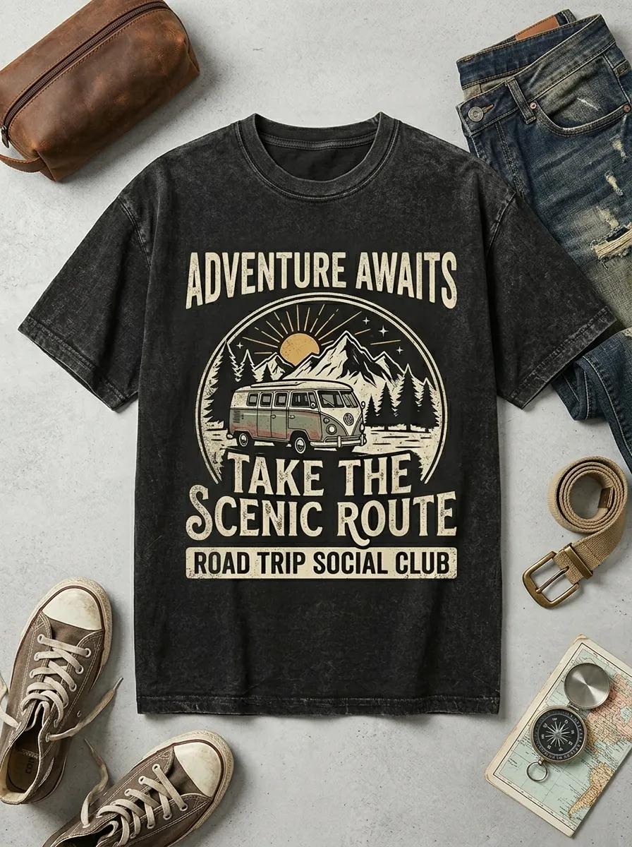 Unisex Road Trip Lover Adventure Van Mountain Printed T-shirt