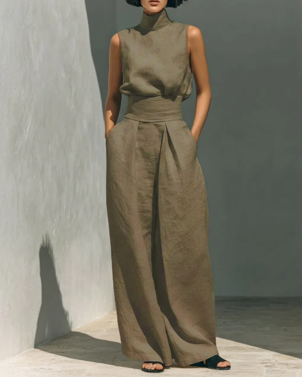 Sleeveless Top Wide Leg Pants Minimalist Two-Piece Outfit