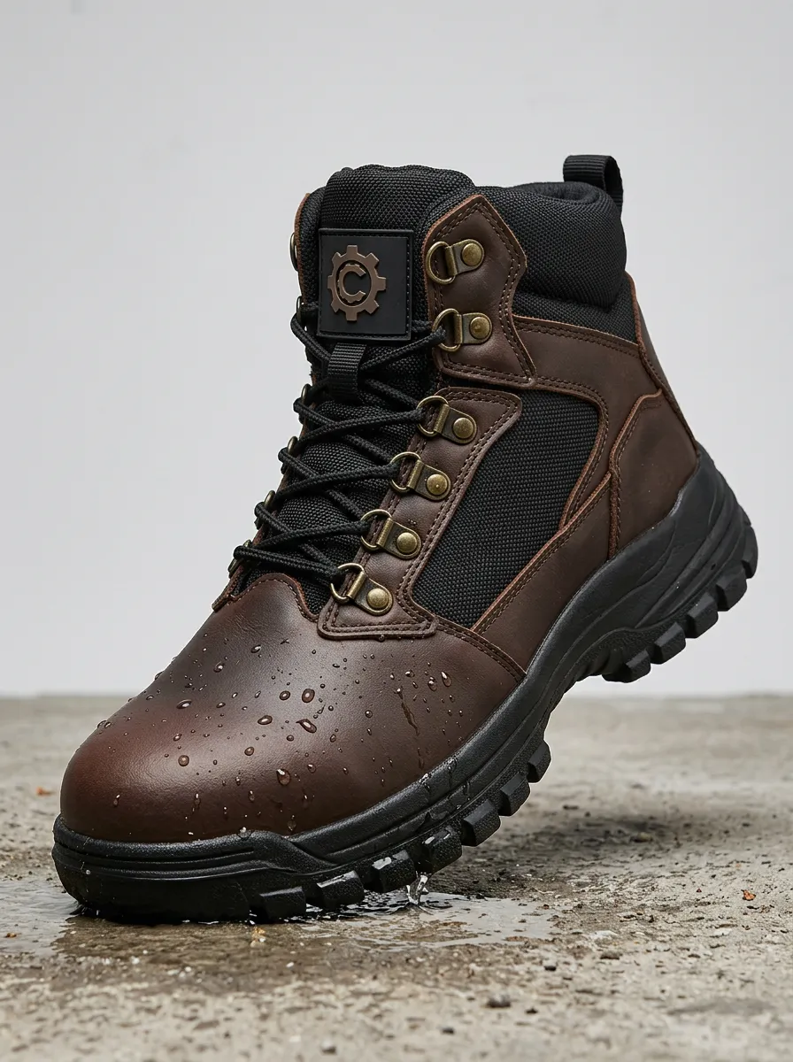 Unisex Outdoor Gear Waterproof Brown Leather Printed Work Boots