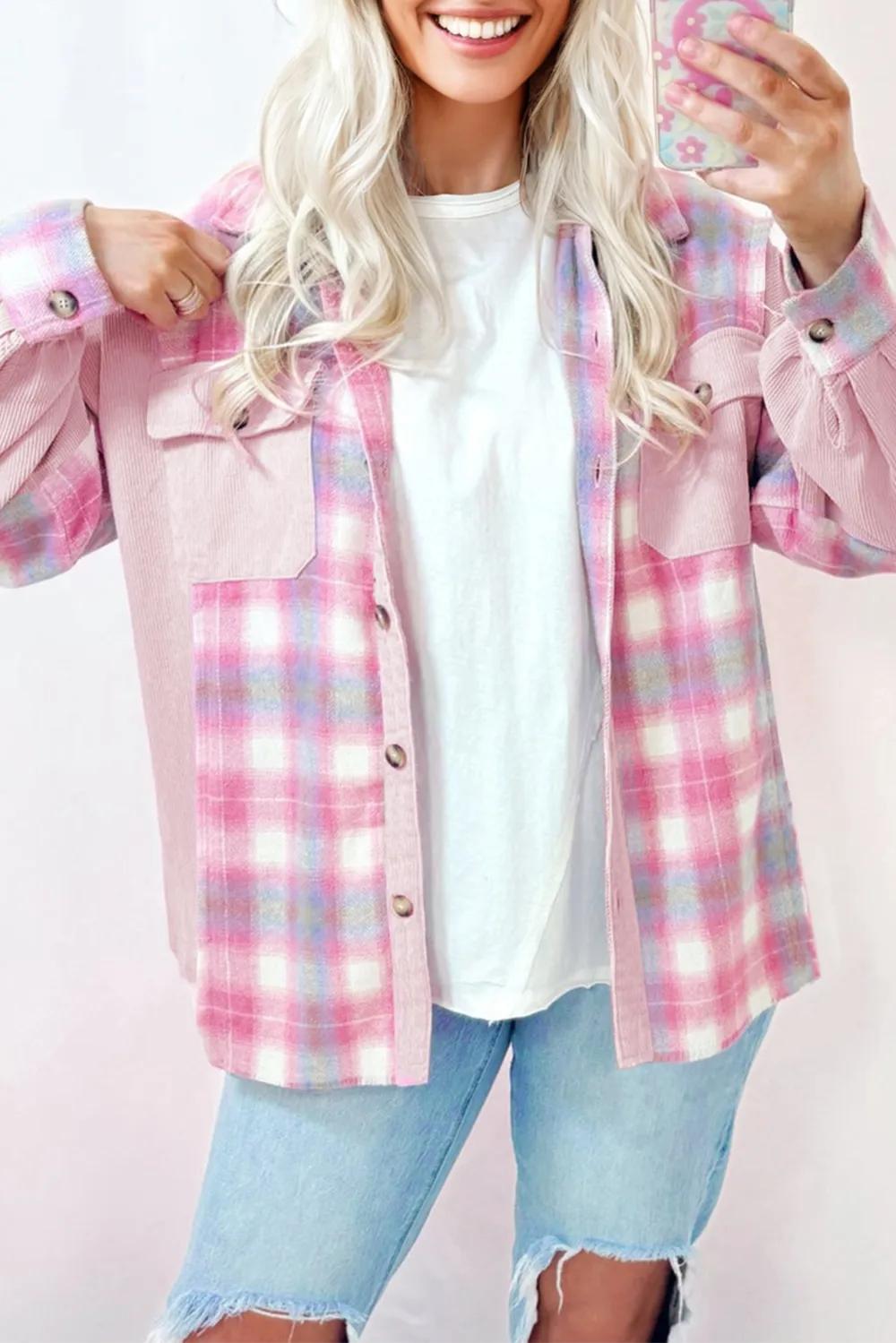 Women's Brushed Plaid Corduroy Flap Pockets Patchwork Shacket
