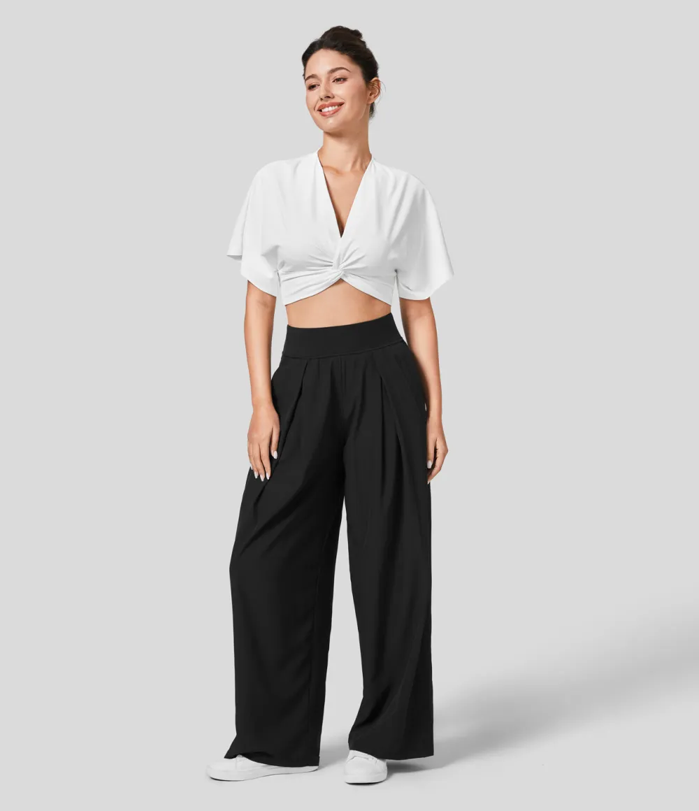 Mid Rise Side Pocket Wide Leg Casual Pants