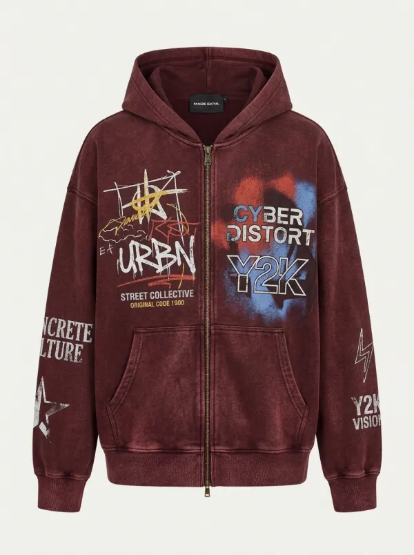 Unisex Streetwear Y2K Cyber Distort Graphic Printed Zip-up Hoodie