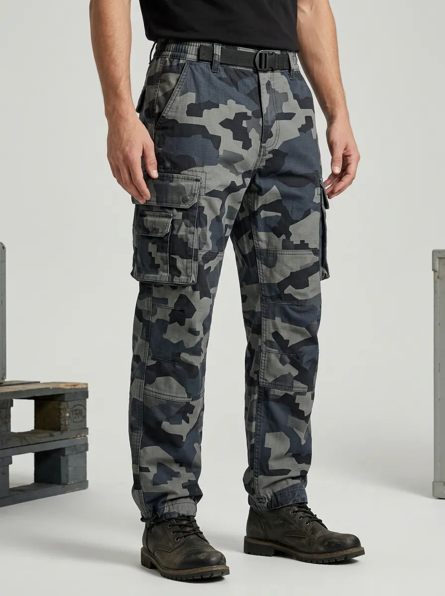 Men's Tactical Outdoor Blue Camouflage Printed Cargo Pants
