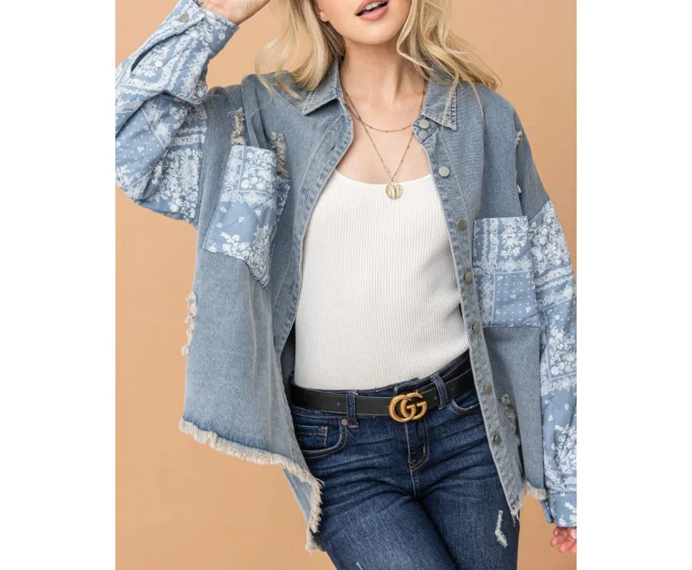 Plus Size Paisley Print Quilted Sleeves Denim Jacket