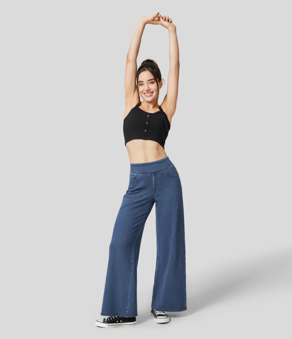 Magic High Waisted Multiple Pockets Wide Leg Stretchy Knit Casual Thermal Jeans