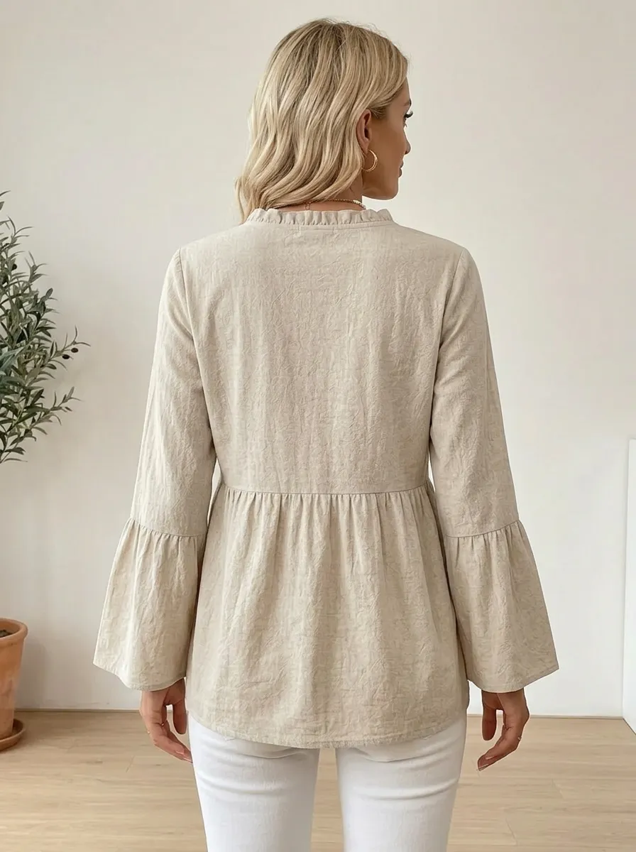 V-Neck Button Down Ruffle Bell Sleeve Blouse