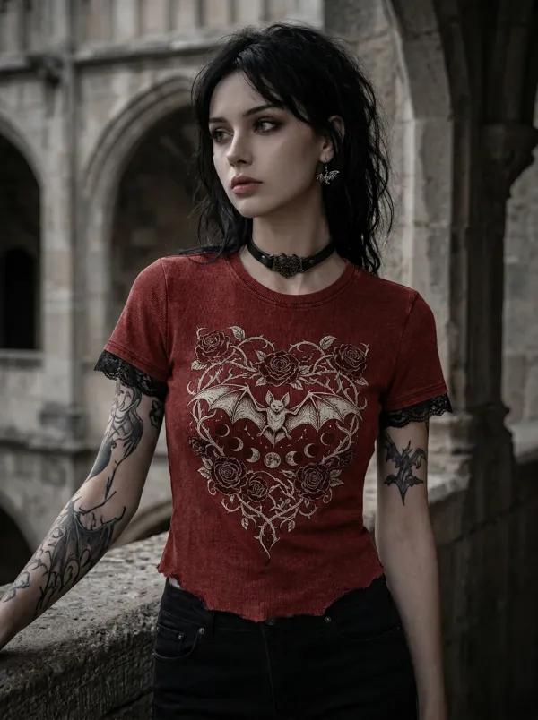 Underground Bat Rose Moon Collection Women's Gothic T-Shirt