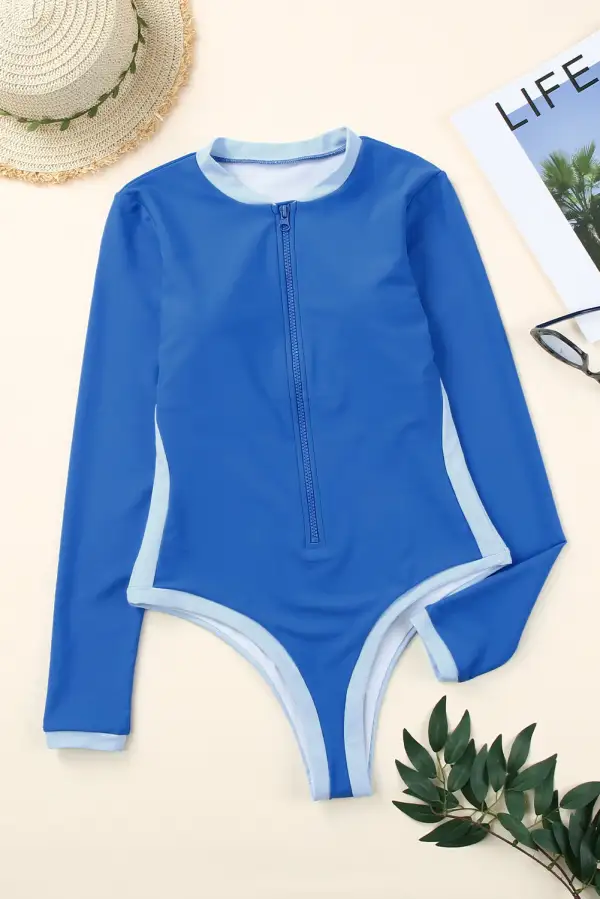 Swimwear Colorblock Trim Zip Front Long Sleeve Rash Guard Swimsuit