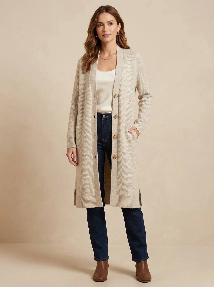 Women's Modern Herringbone Long Knit Cardigan
