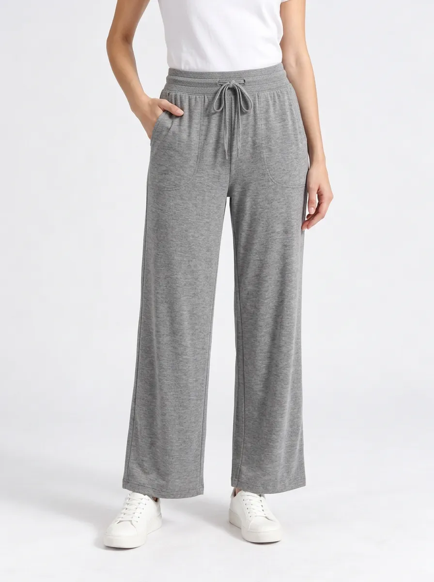Women's Drawstring Wide Leg Pants in Grey with Elastic Waist