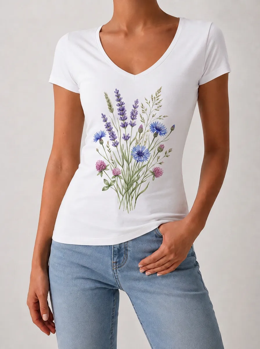 Women's Botanical Nature Lover Lavender Cornflower Printed T-shirt