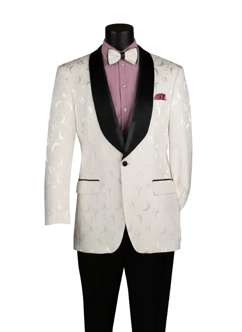 White Regular Fit Jacquard Floral Single Breasted Shawl Lapel Blazer
