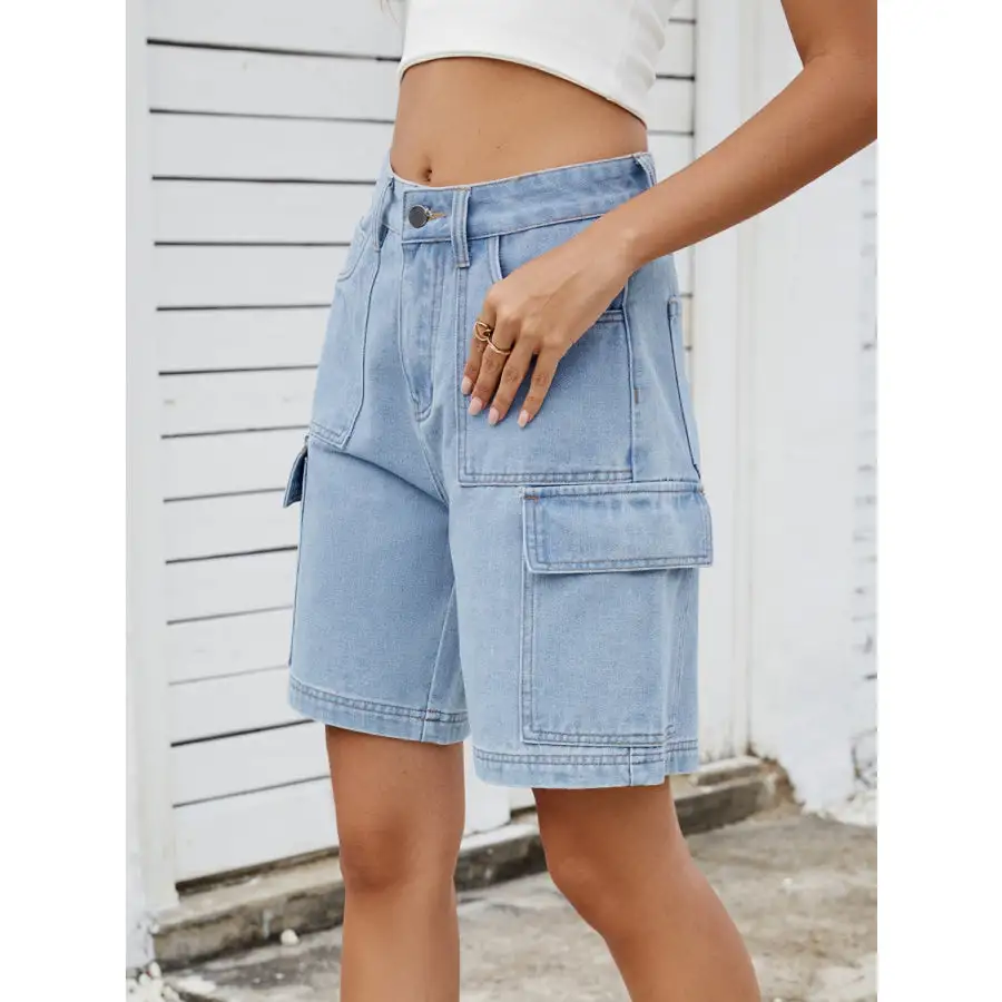 High Waist Pocketed Cargo Denim Shorts