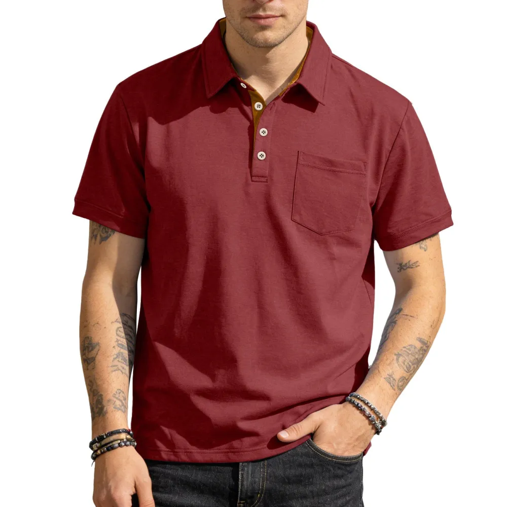 Button Placket Chest Pocket Short Sleeve Jersey Polo Shirt