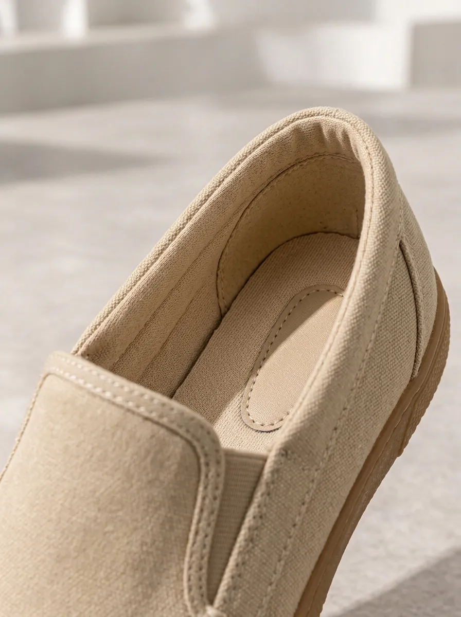 Men's Beige Canvas Heel-Panel Moc-Toe Elastic-Gore Slip-On Boat Shoes