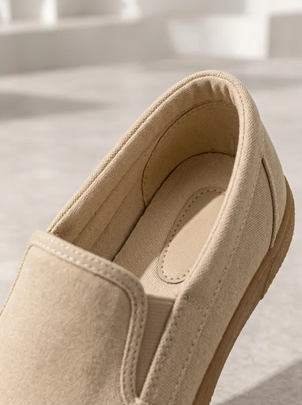 Men's Beige Canvas Heel-Panel Moc-Toe Elastic-Gore Slip-On Boat Shoes