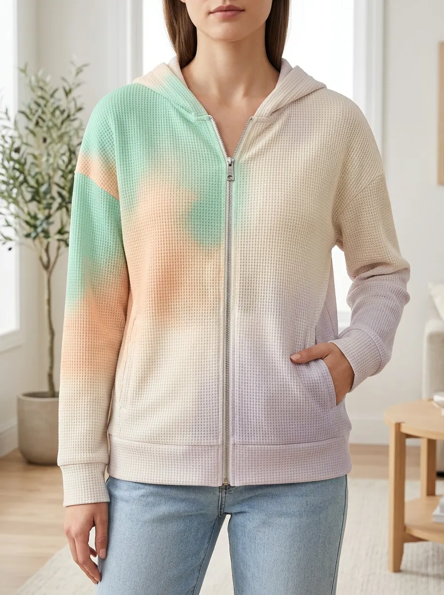 Women's Pastel Tie-Dye Signature Pattern Waffle Zip-Up Hoodie