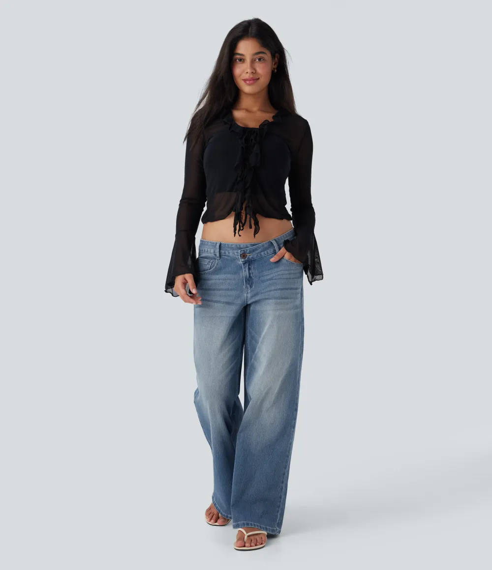 Asymmetric Low Rise Zipper Pockets Baggy Wide Leg Washed Casual Jeans