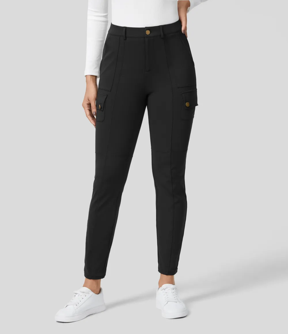 High Waisted Button Zipper Multiple Pockets Solid Skinny Cargo Pants