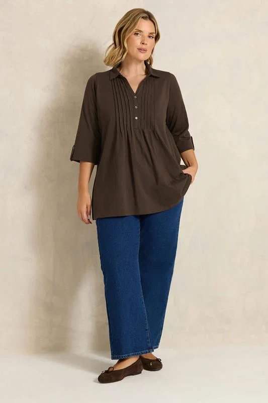 Chocolate Brown Pintuck Henley Top detail 1