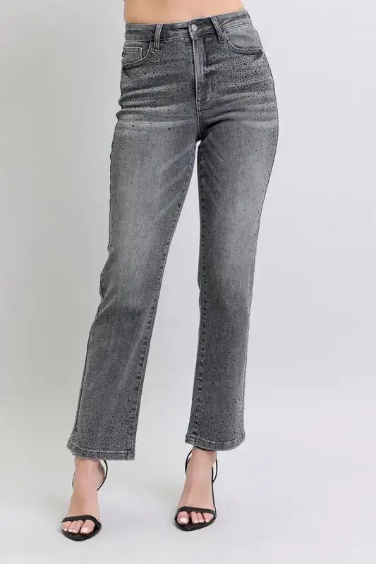 High Waist Rhinestone Straight Plus Denim Jeans