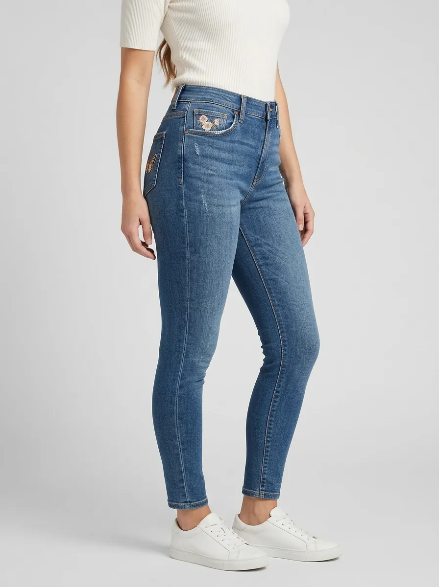 Women's Ridge Floral Embroidery Distressed Printed Slim Jeans