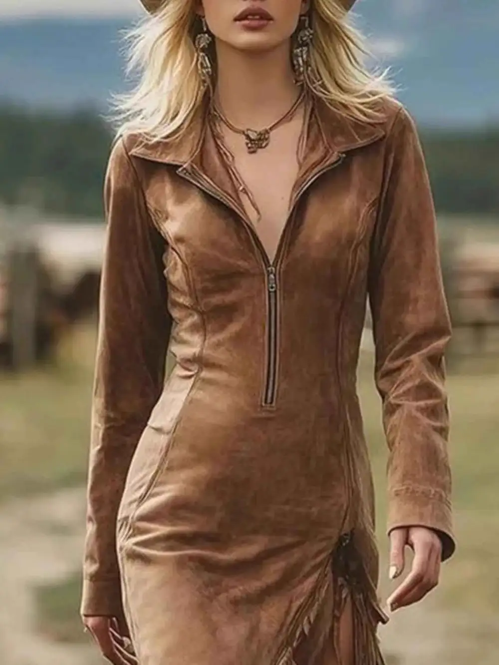 Plus Size Fringe Hem Zip Front Bodycon Dress