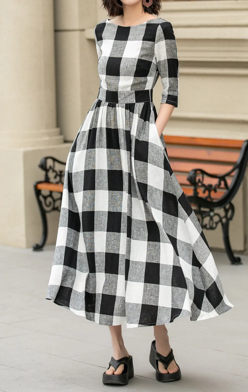 Plaid Linen Cotton Fit And Flare Boat Neck Midi Dress