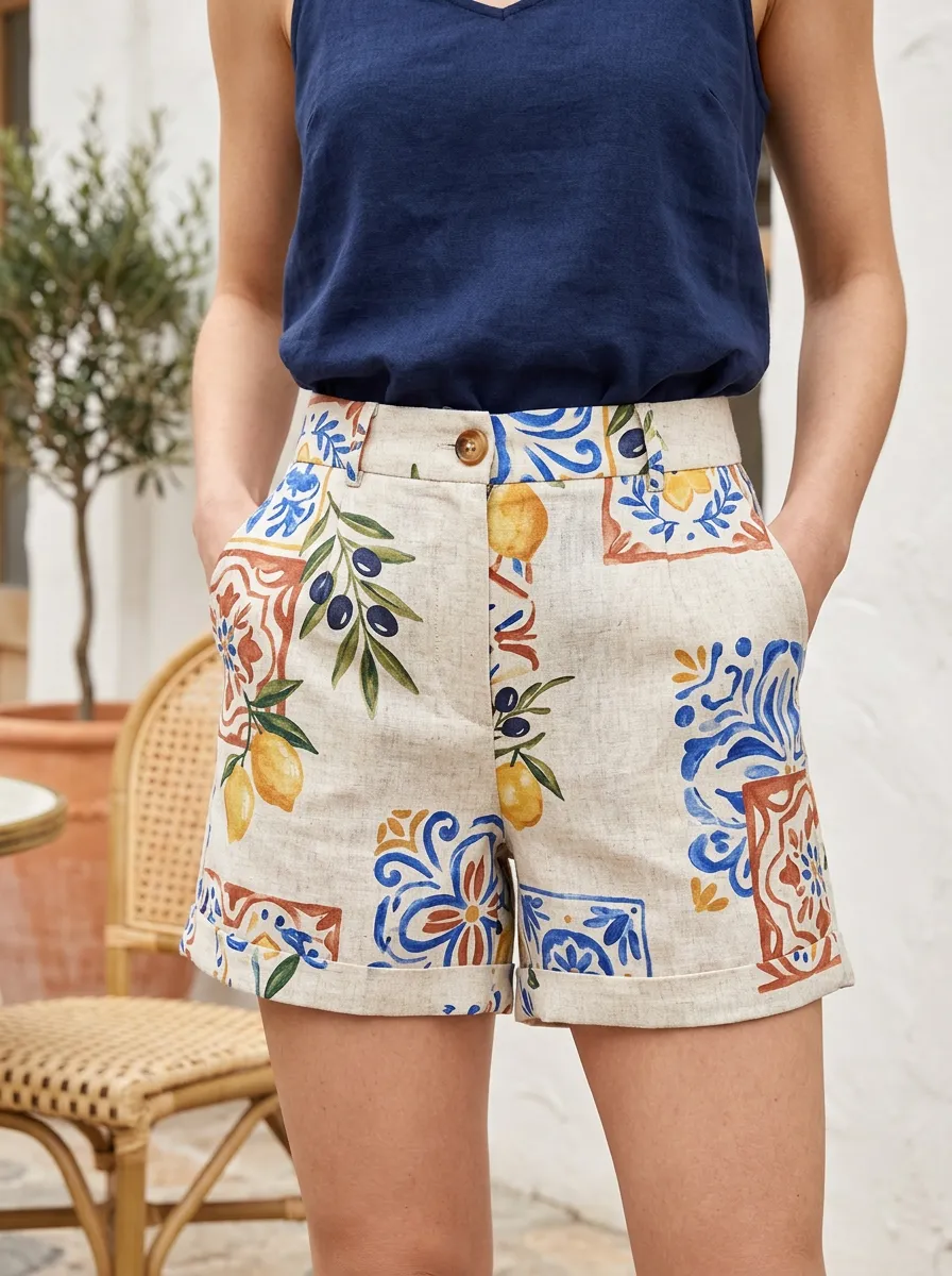 Women's Mediterranean Style Lemon Olive Tile Printed Shorts