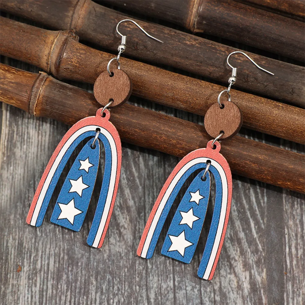 Curved Red Blue Wooden Earrings