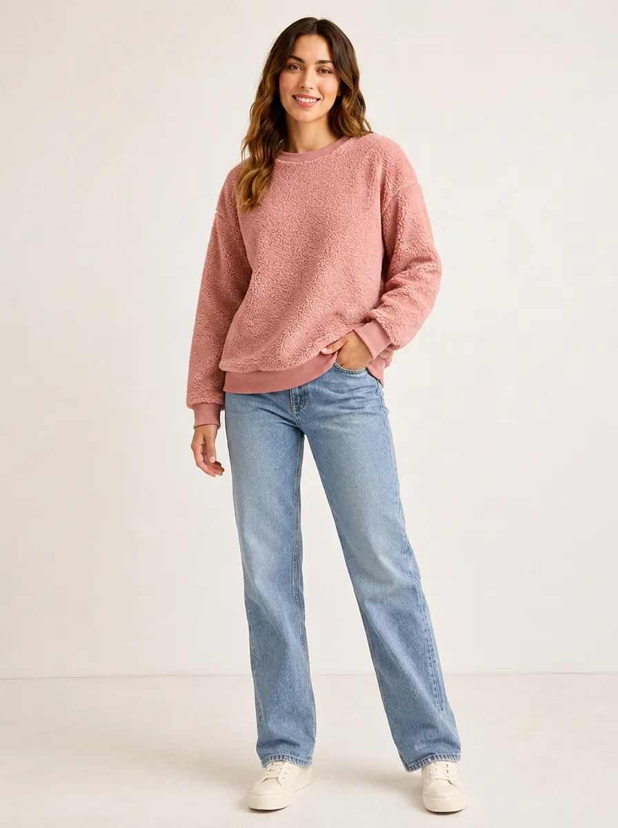 Women's Casual Winter Pink Sherpa Fleece Pullover Sweatshirt