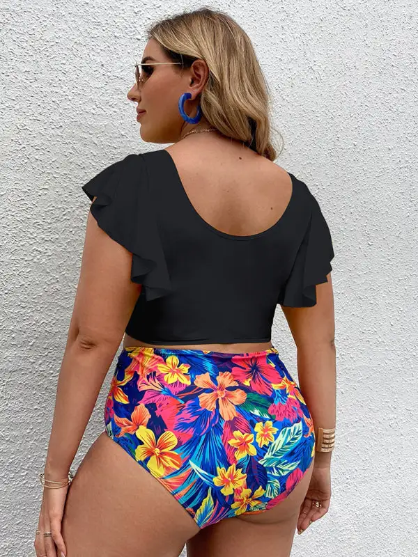 Plus Size Falbala V Neck Bikini Swim Set